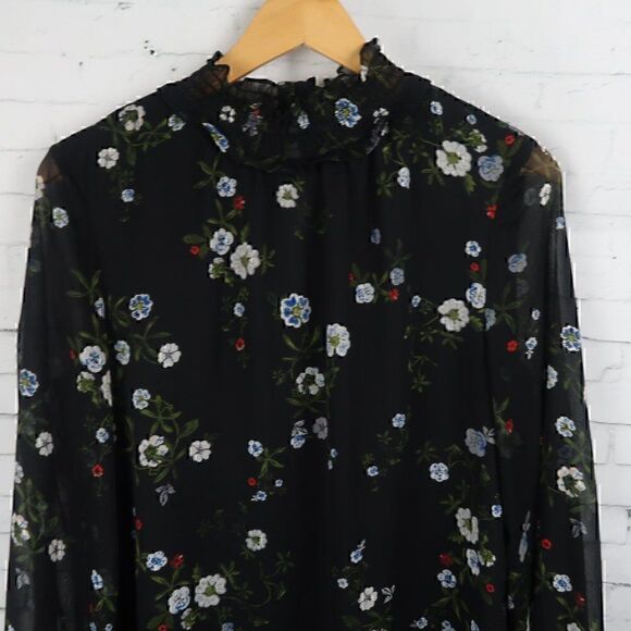 H&M BLACK FLORAL LONG SLEEVE MOCK NECK MIDI SHIFT DRESS SIZE 4 - Picture 4 of 9